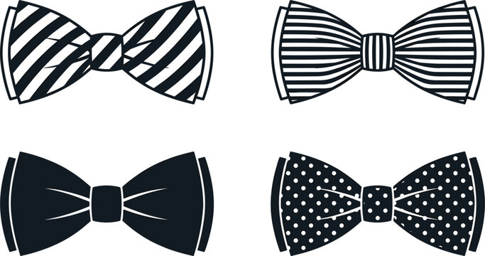 Bow tie vector silhouette set with striped polka dot and solid patterns for gentleman formal wear clothing accessory design