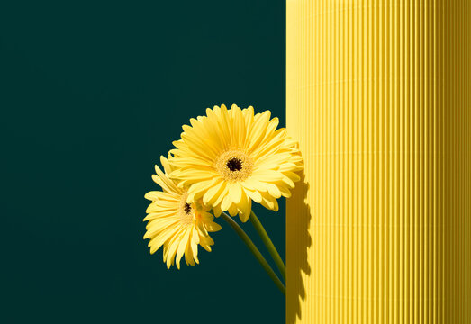 Yellow gerbera flower against dark green background