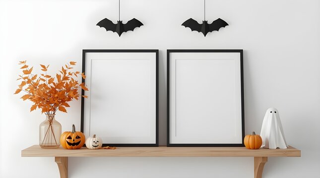Mock up frame on the wall in a modern luxury minimalist living room with halloween decorations