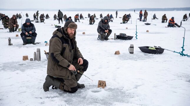 Man participating in traditional ice fishing competition on frozen lake