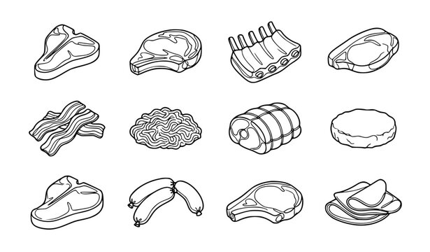 Meat and protein food line art vector collection with steak ribs bacon and ground beef