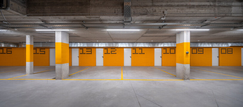 Modern hillside residential underground parking garage interior