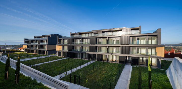 Modern hillside residential apartment complex with balconies