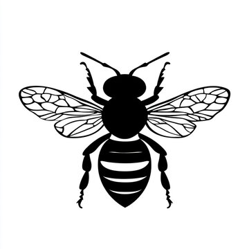Detailed black silhouette of a honey bee showing wings and antennae on a pure white background with honeybee silhouette illustration isolated