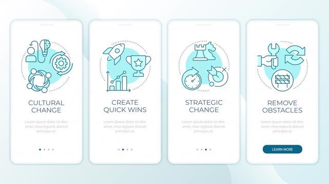 Driving transformational cultural shifts animated mobile app onboarding. Removing operational bottlenecks. Welcome screen UI. Carousel walkthrough animation with blue monochrome concept icons