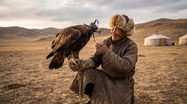 Man training eagle in traditional hunting practice in the Mongolian steppe