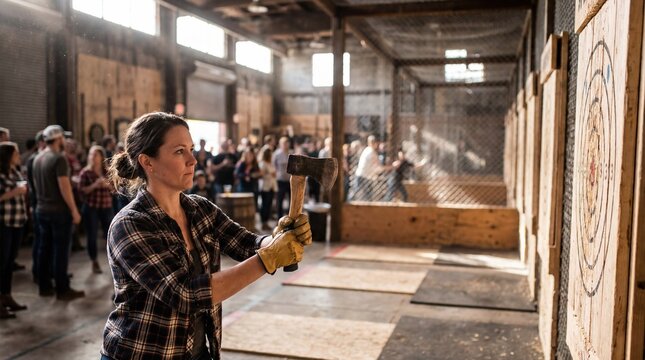 Woman competing in axe throwing championship at indoor venue with spectators