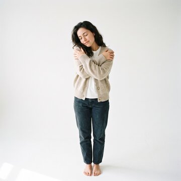 Young woman embracing herself with eyes closed in a studio setting Isolated on a white background
