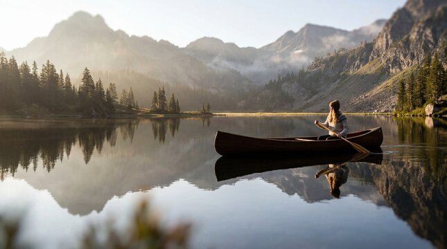 Woman paddling a canoe on a calm lake during sunrise in a mountainous landscape