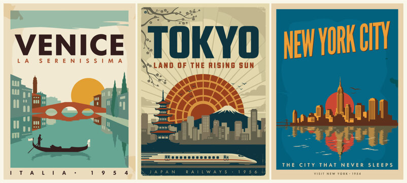 Three stylized city posters depict Venice, Tokyo, and New York City. Each uses bold lettering and vintage color palettes. Venice shows a gondola under a bridge, sun rising. Tokyo highlights a pagoda