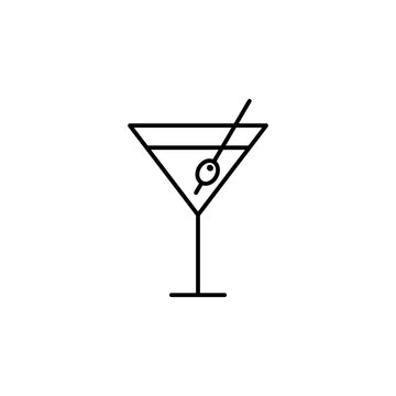 Minimalist black line martini glass icon with olive garnish on skewer representing classic cocktail recipes and bar nightlife on transparent background.