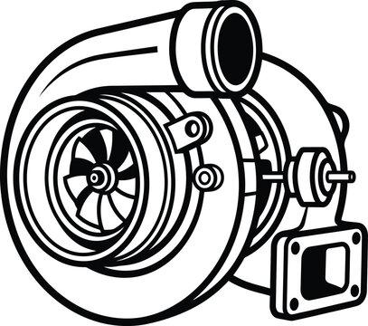 Isolated turbocharger engine component illustration in black and white