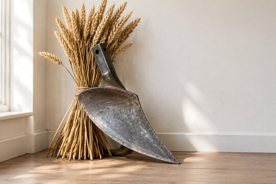 Reforged metal blade shaped into plowshare against dried wheat, peace and farming concept