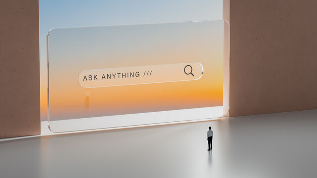 Futuristic AI Search Interface and Lone User in Abstract Space