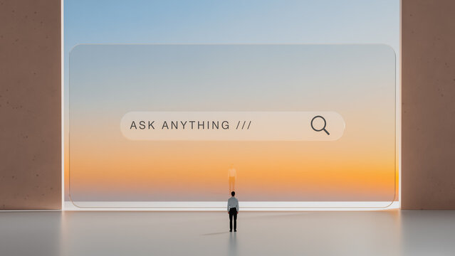 Man Facing Giant AI Search Bar with Ask Anything Prompt
