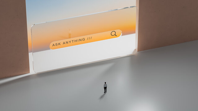 Man Exploring Transparent AI Search Engine in Minimal Scene
