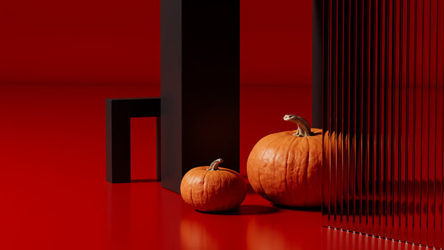 Pair of Pumpkins Reflected Through Fluted Glass on Red