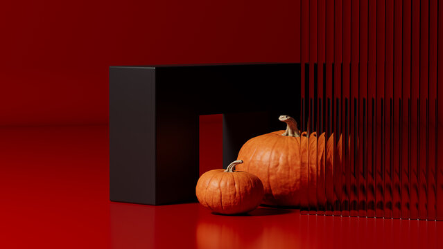Two Pumpkins Framed by Black Geometry and Fluted Glass