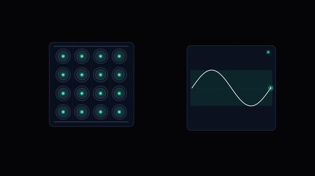 Futuristic digital interface displaying glowing dots matrix and sound wave graph on dark background