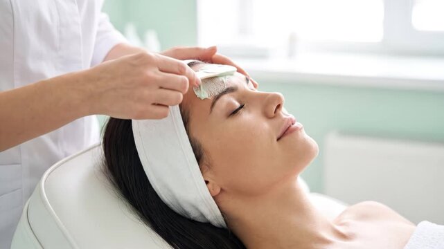 Cosmetologist applying green clay face mask on lying woman face using wooden spatula in beauty clinic