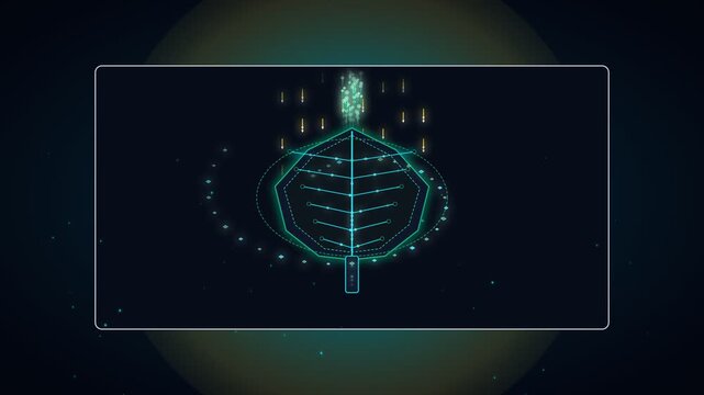 Abstract glowing futuristic digital leaf interface on dark background