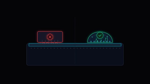 Neon concept showing correct and incorrect choice comparison on dark background