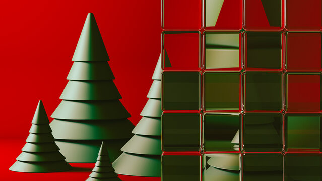 Christmas Trees Reflected in Transparent Glass Blocks