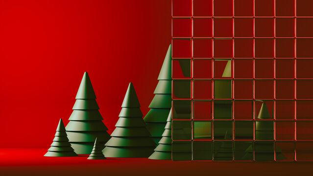 Abstract Christmas Trees Beside Reflective Glass Block Wall