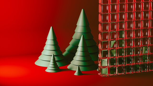 Modern Christmas Forest and Glass Block Wall on Red