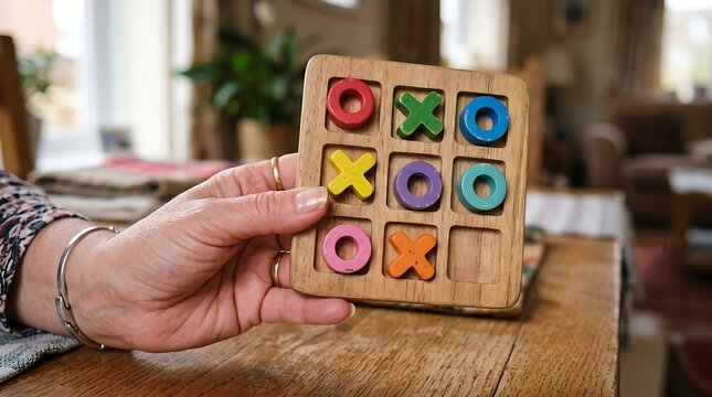 Person holding a wooden tic tac toe game board with colorful pieces indoors