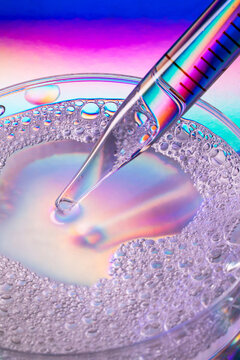 Macro pipette and petri dish in iridescent laboratory light