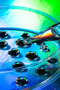 Macro petri dish with pipette and reflective liquid droplets