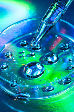 Pipette dispensing liquid into petri dish with droplets