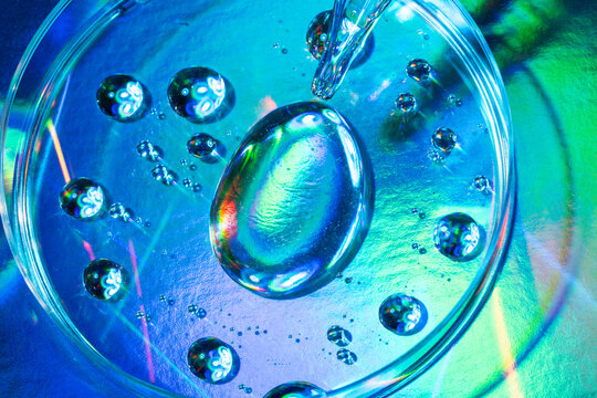 Macro petri dish with liquid droplets in neon light