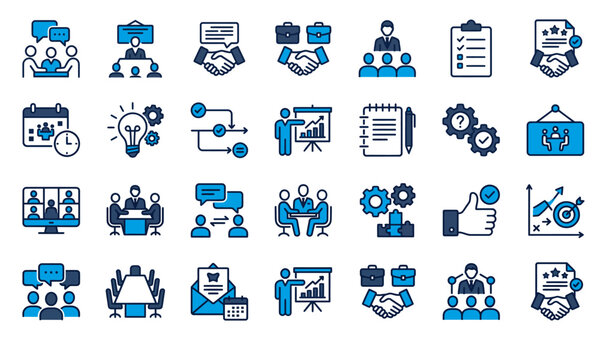 Collection of colorful business icons representing teamwork management and modern office concepts