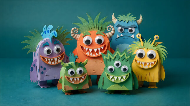 Group of cute colorful monsters with big eyes and sharp teeth standing together on green background