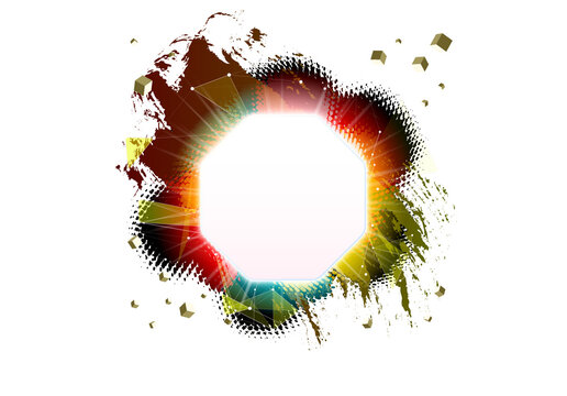 Glowing octagonal frame with multicolor grunge brushwork and radiant geometric accents