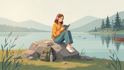 Fototapeta premium Woman reading a book and listening to music by a tranquil lake. Peaceful nature landscape with mountains, pine trees, and a backpack on a rock. Flat vector illustration for outdoor relaxation.