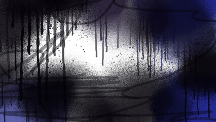 Black and blue paint drips background with abstract texture. Horizontal dark ink grunge brush strokes, spray splatters and rough street art graffiti backdrop with white copy space © Svixx