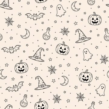 Animated Halloween Seamless Pattern with Pumpkin Ghost Bat Witch Hat Potion Moon and Spider Web Outline, Diagonal Scrolling Motion