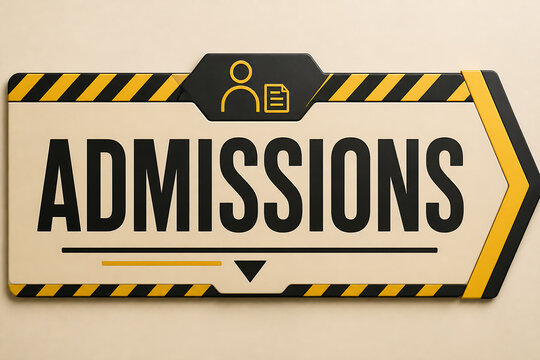 A sign with the word ADMISSIONS and a person icon is displayed against a plain background.