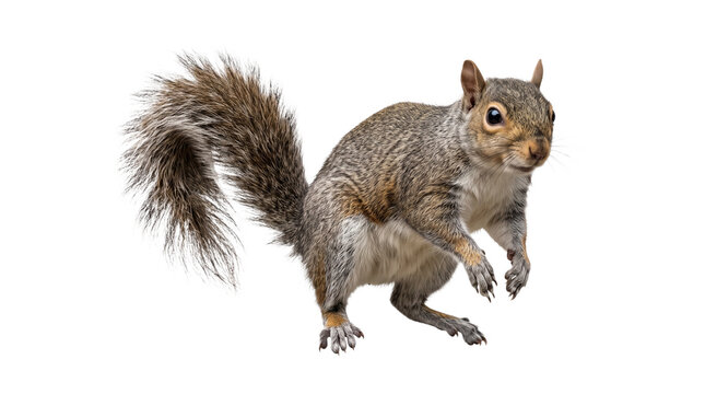 Eastern gray squirrel with bushy tail stands alert on transparent background for nature wildlife design.