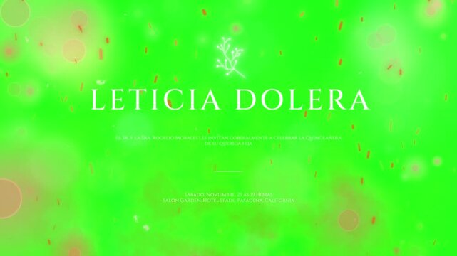Cinematic title card template on a green screen backdrop featuring bold white typography with the name Leticia Dolera surrounded by subtle floating dust particles and soft atmospheric bokeh orbs.