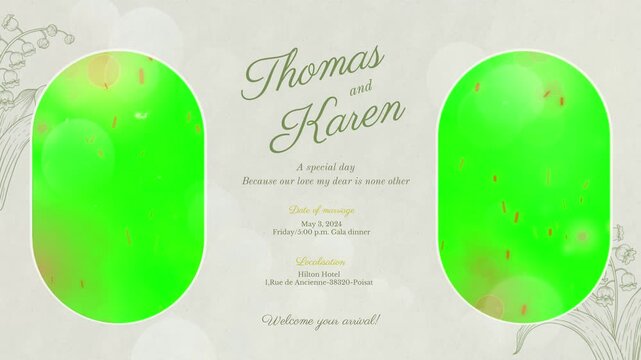Wedding invitation template featuring two large green screen oval placeholders flanked by elegant floral illustrations and wedding details typography on a textured parchment background with bokeh.