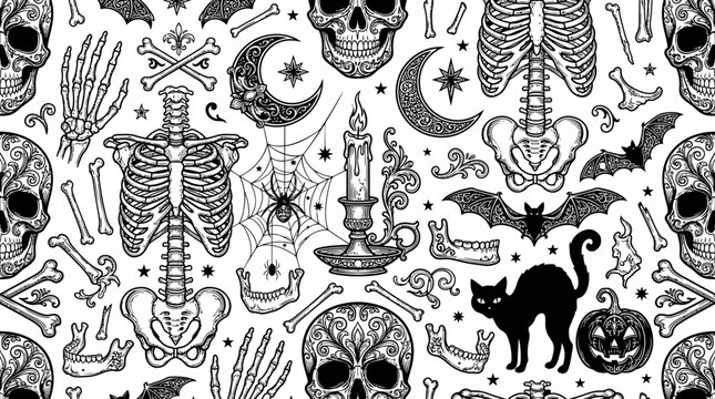 Gothic halloween seamless pattern with skeletons skulls and bats