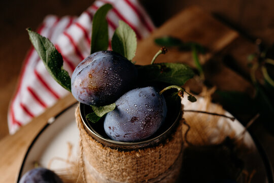 Fresh plums in metal container with leaves and droplets