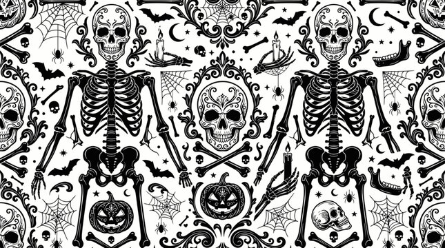 Black and white halloween seamless pattern with skeletons and skulls