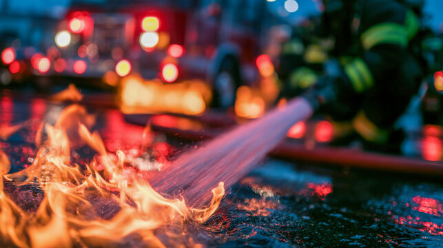 Powerful stream of water from a fire hose aimed at burning flames while firefighters and emergency vehicles operate in the background
