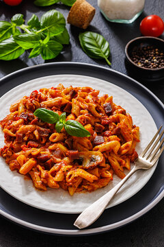 Penne rigate with smoked sausage cubes, sauce