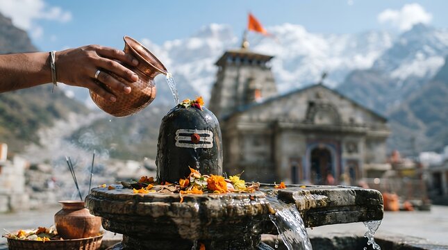 Devotee performing abhishekam on shivling at kedarnath temple in himalayas